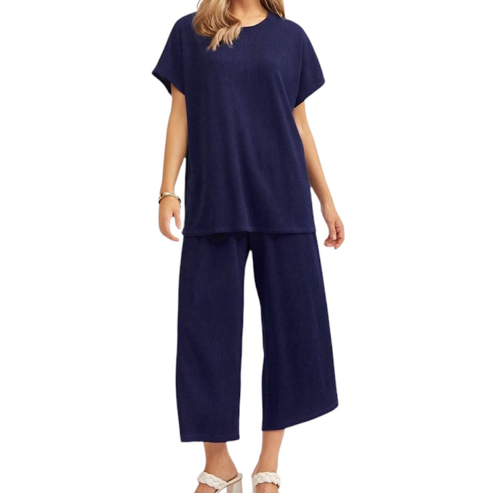 Navy Plus Top & Wide Leg Pant Set