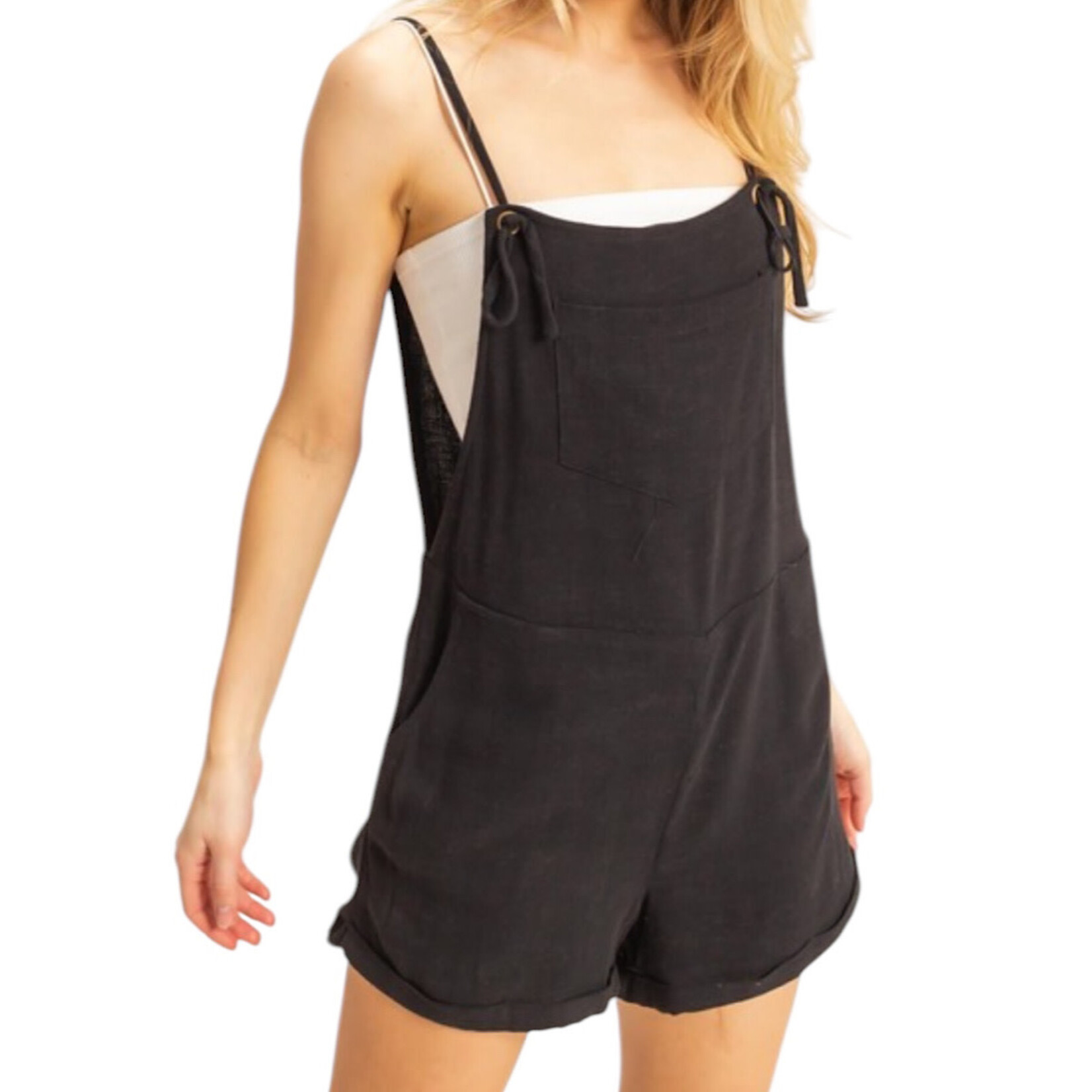 Black Linen Romper with Tie Straps