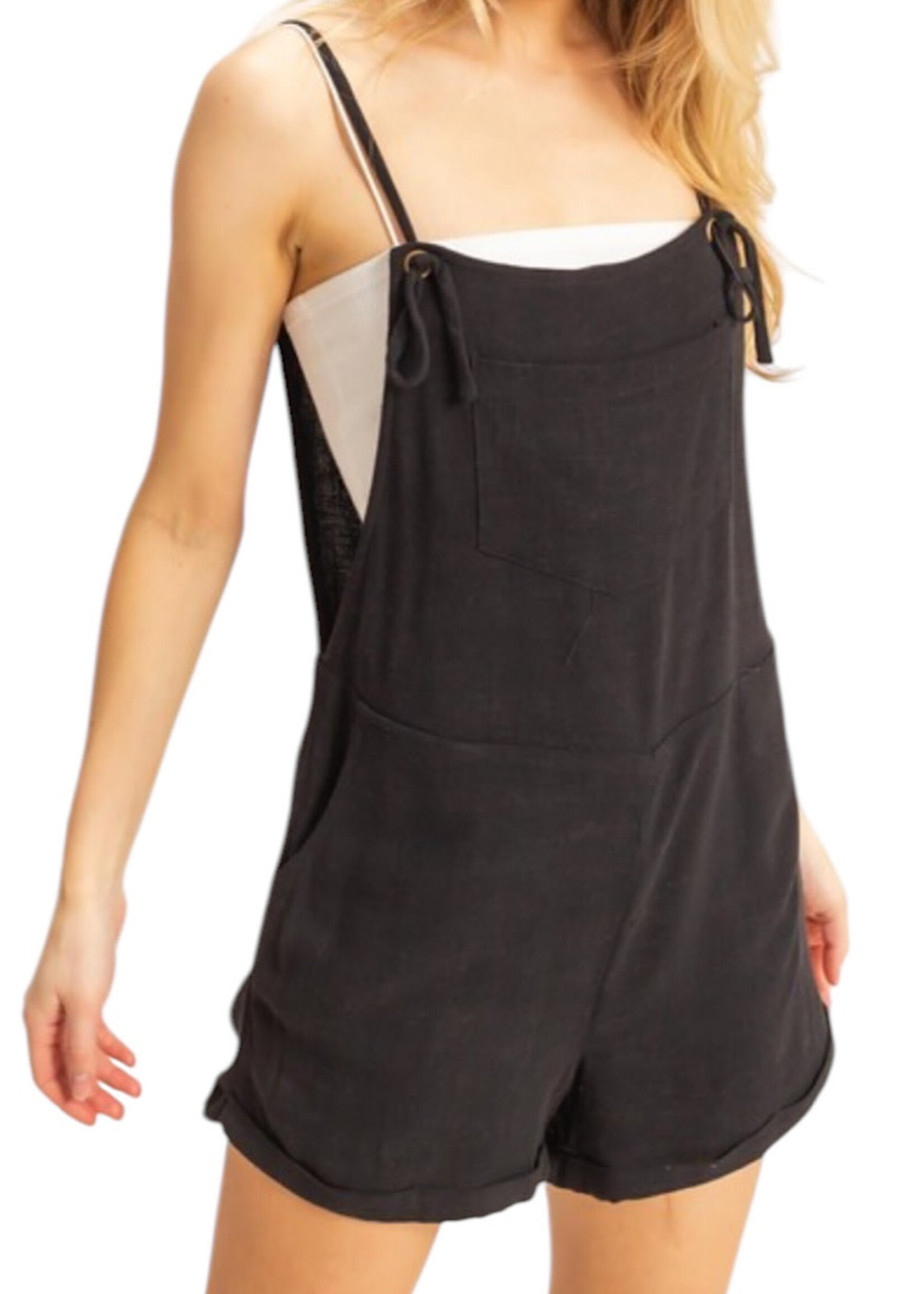 Black Linen Romper with Tie Straps