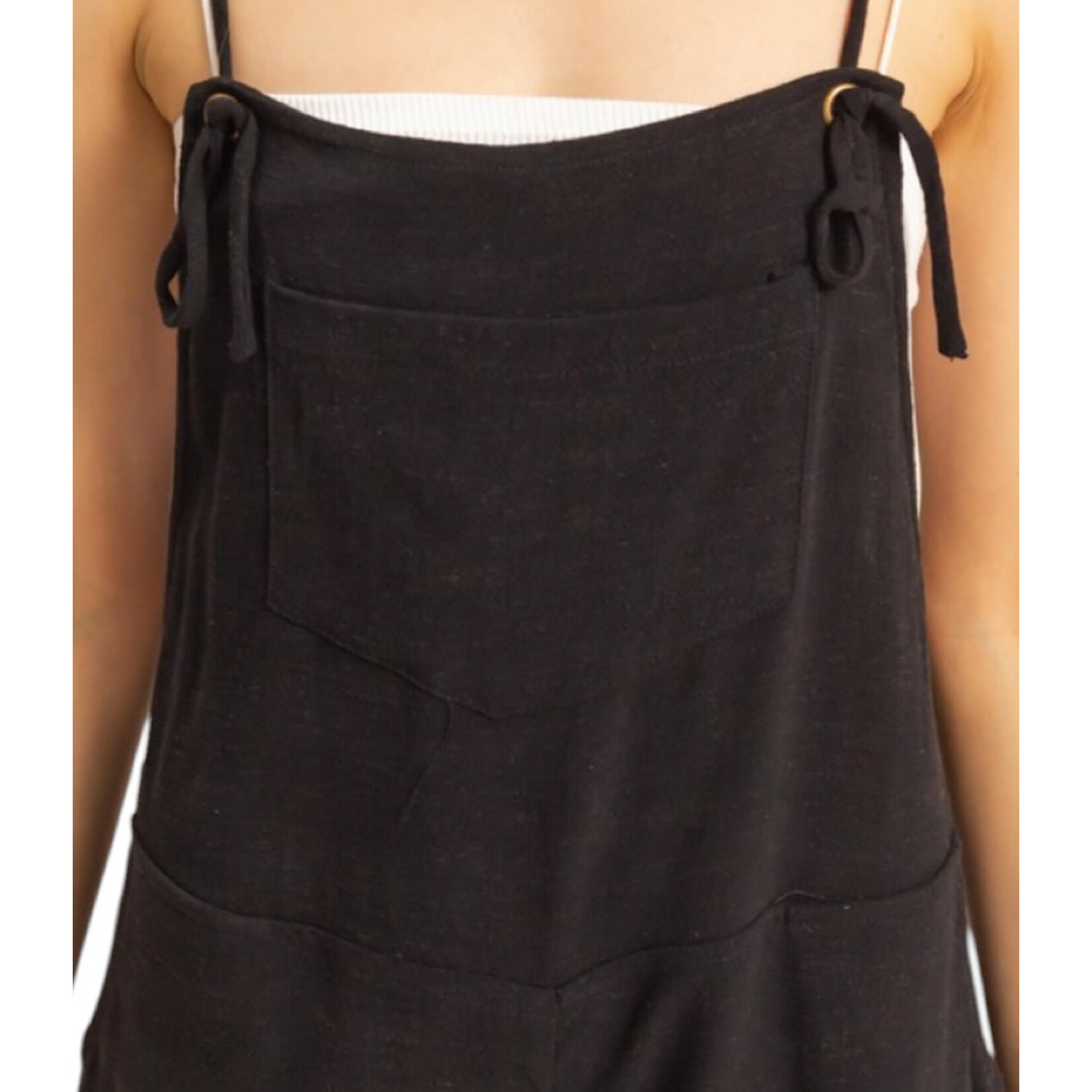 Black Linen Romper with Tie Straps