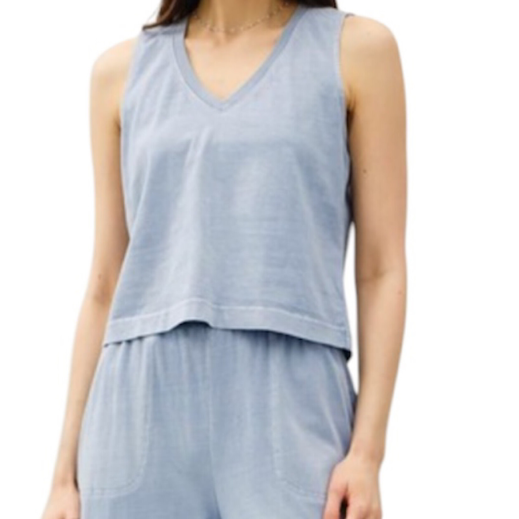 Denim Colored V-Neck Slightly Cropped Basic Tank