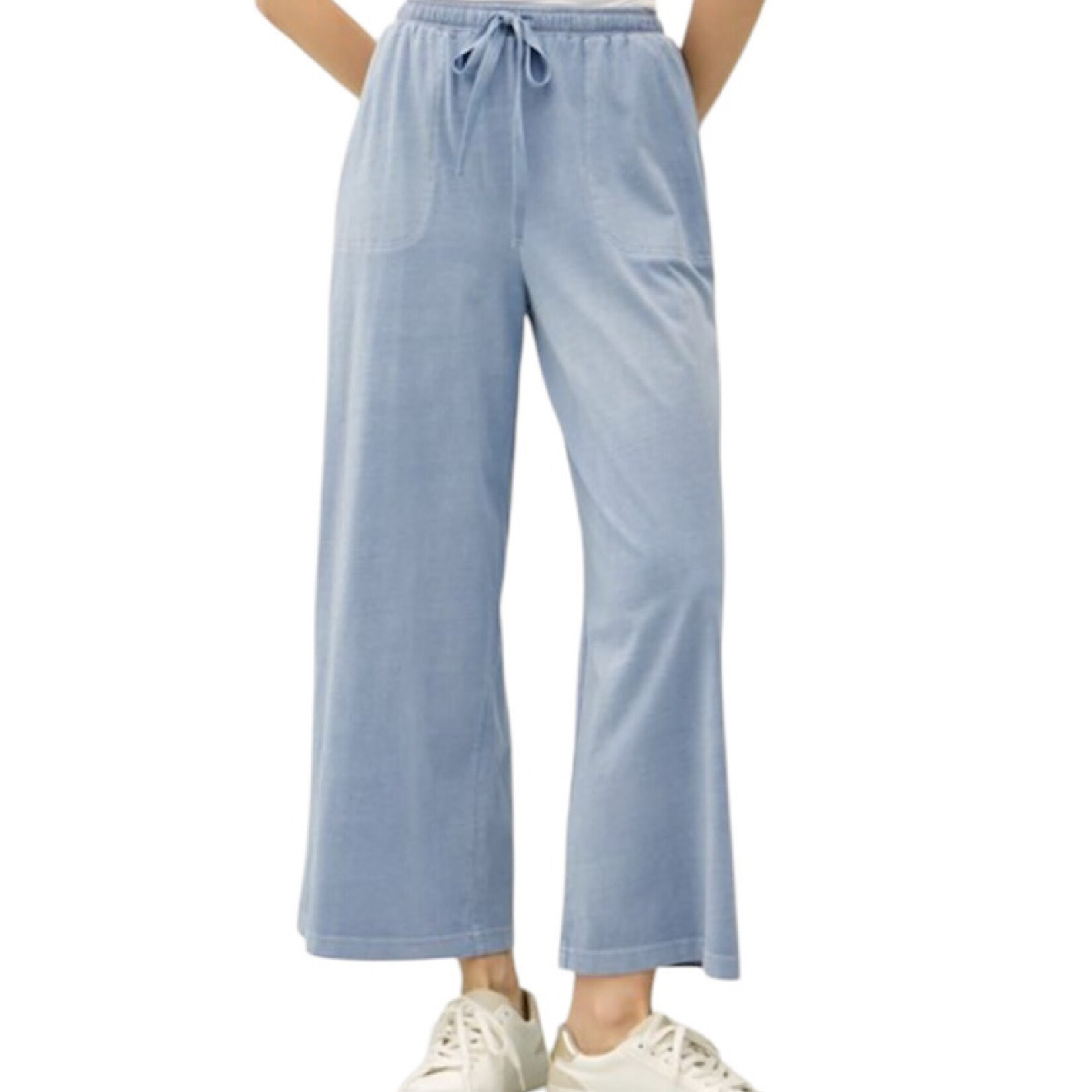 Denim Colored Wide Leg Pant with Elastic Waist & Pockets