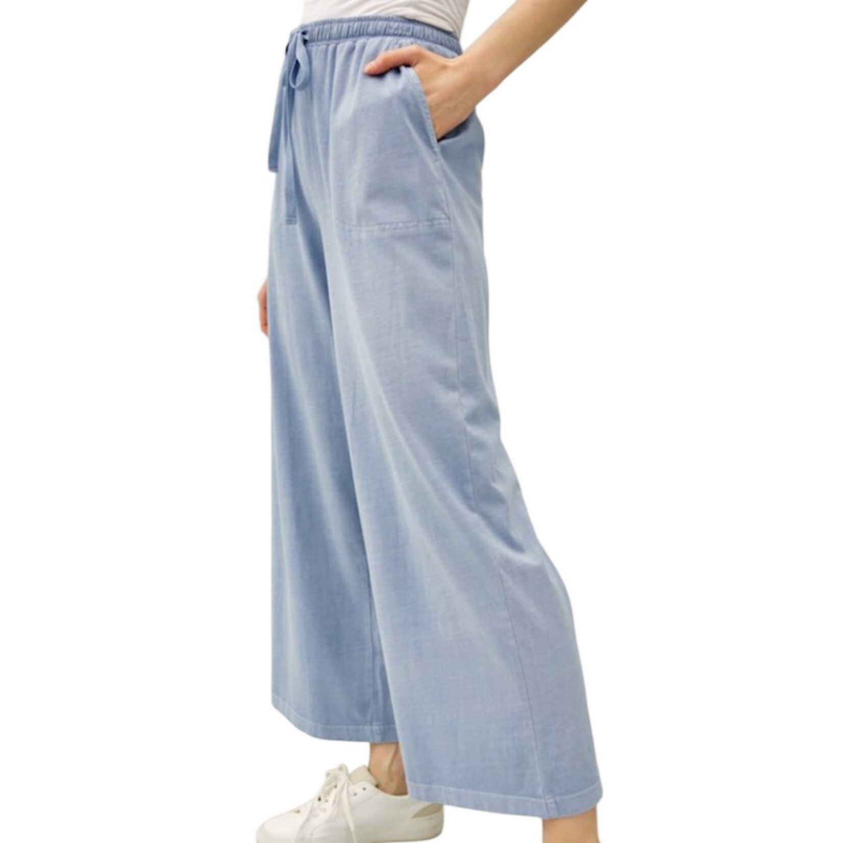 Denim Colored Wide Leg Pant with Elastic Waist & Pockets