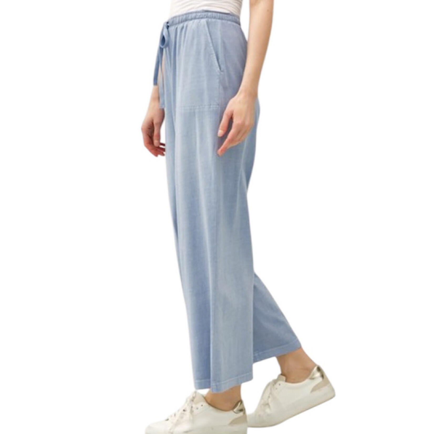 Denim Colored Wide Leg Pant with Elastic Waist & Pockets