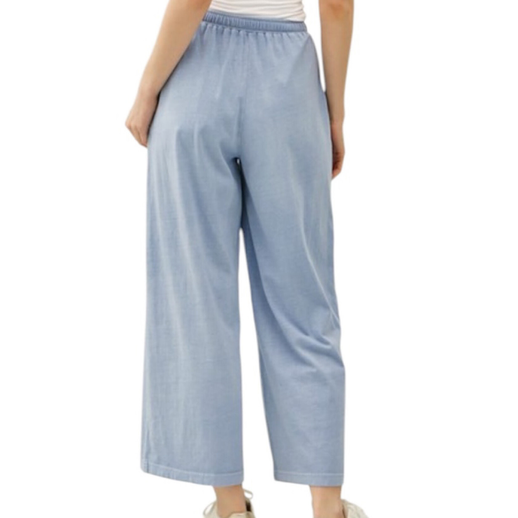 Denim Colored Wide Leg Pant with Elastic Waist & Pockets
