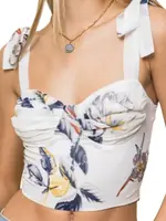 Off White Floral Chiffon Bustier Smocked Crop
