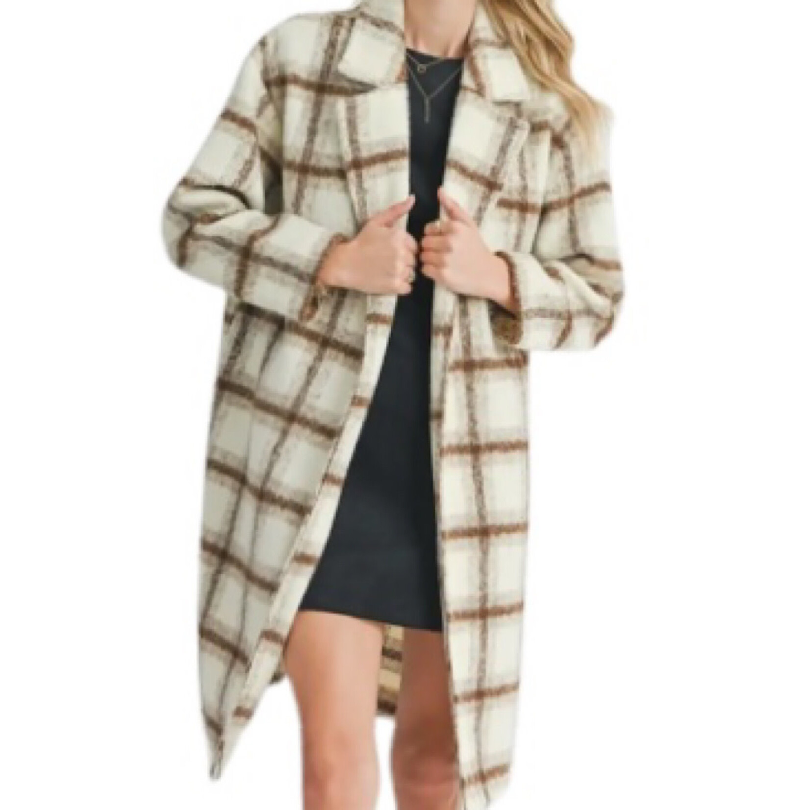 Brown and Ivory Plaid Open Front Coat