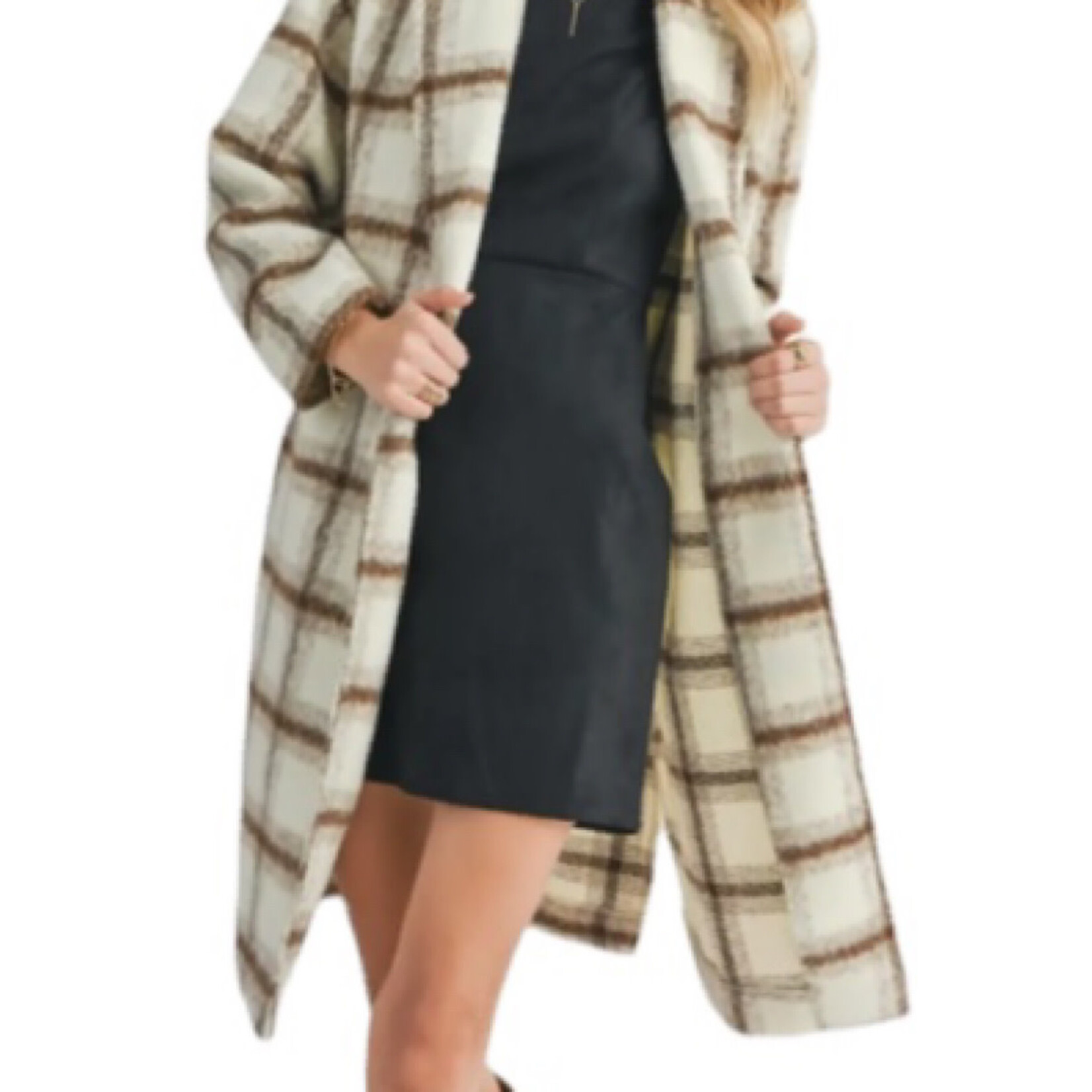 Brown and Ivory Plaid Open Front Coat
