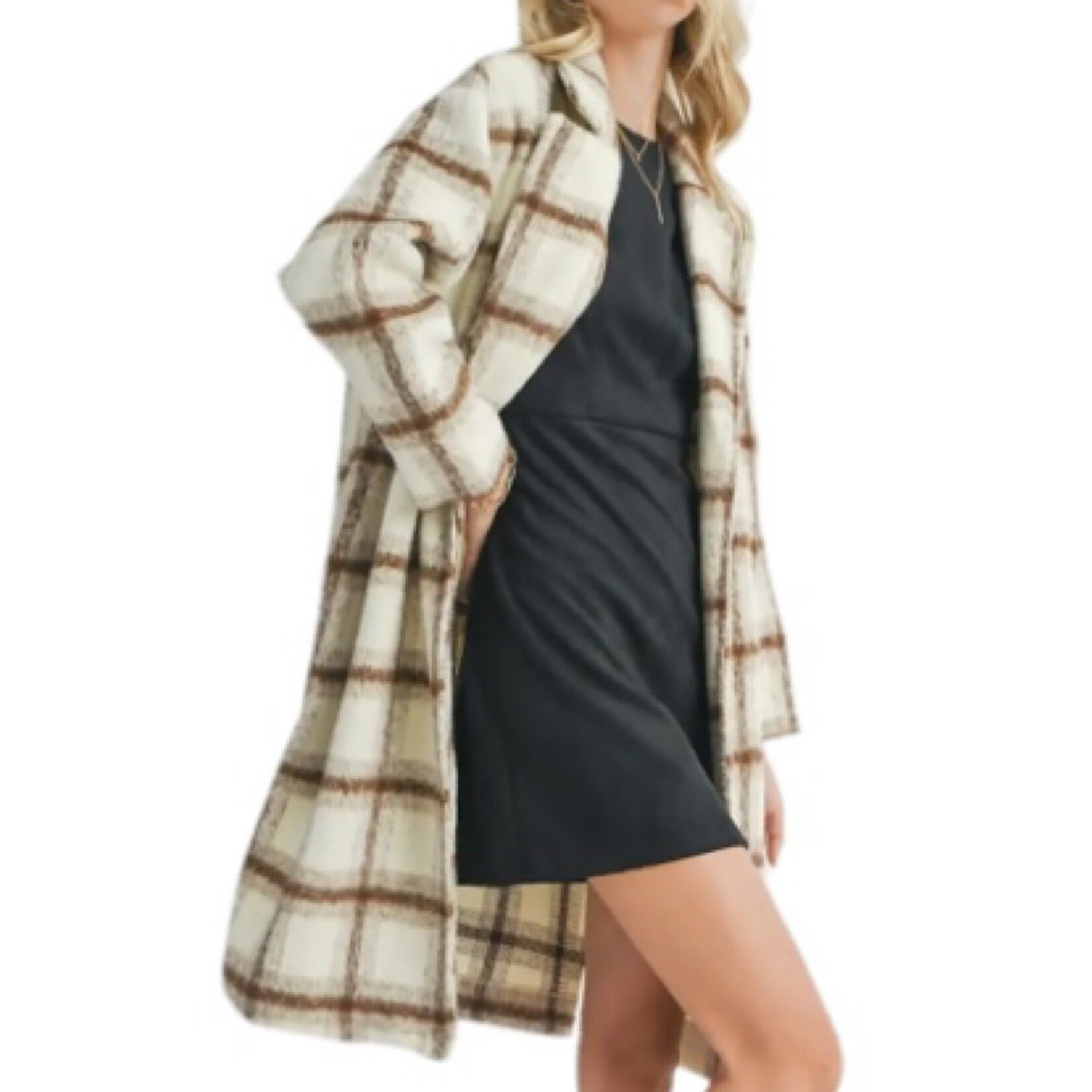 Brown and Ivory Plaid Open Front Coat