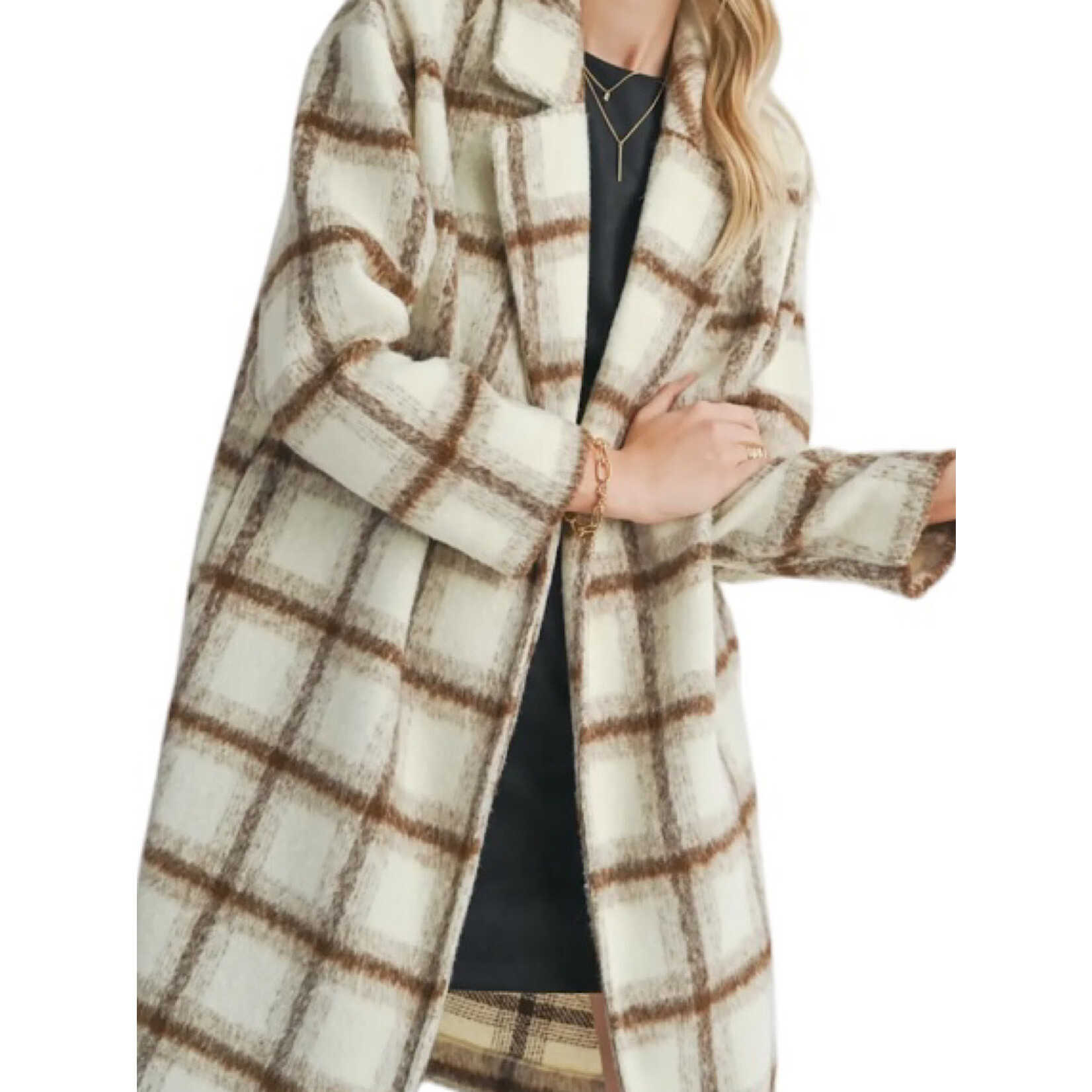 Brown and Ivory Plaid Open Front Coat