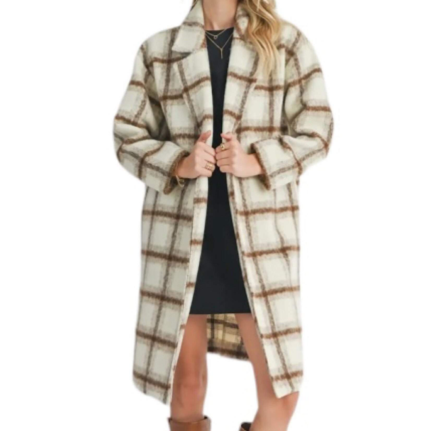 Brown and Ivory Plaid Open Front Coat
