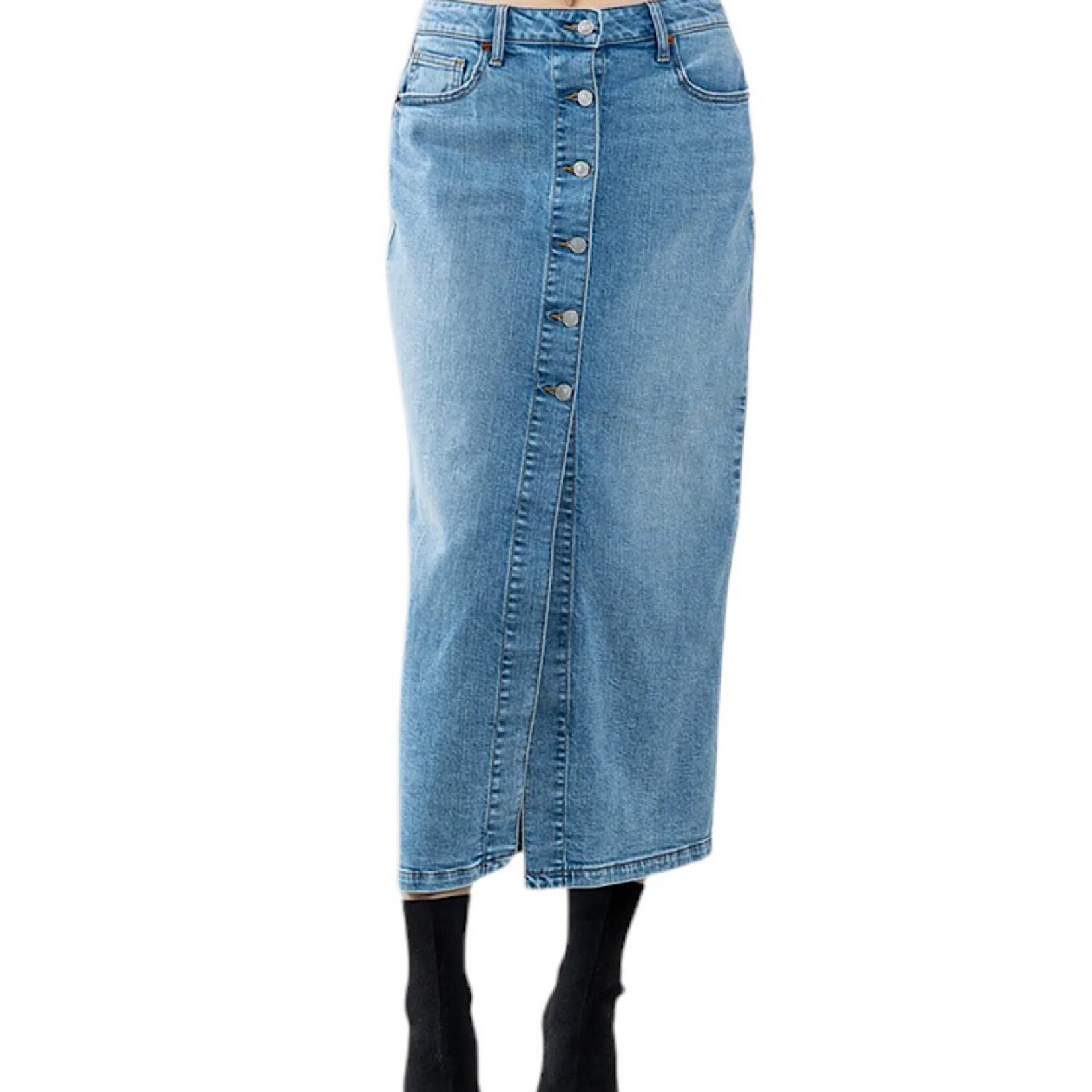 SP-S7531 Denim Comfort Stretch Button Down Maxi Skirt