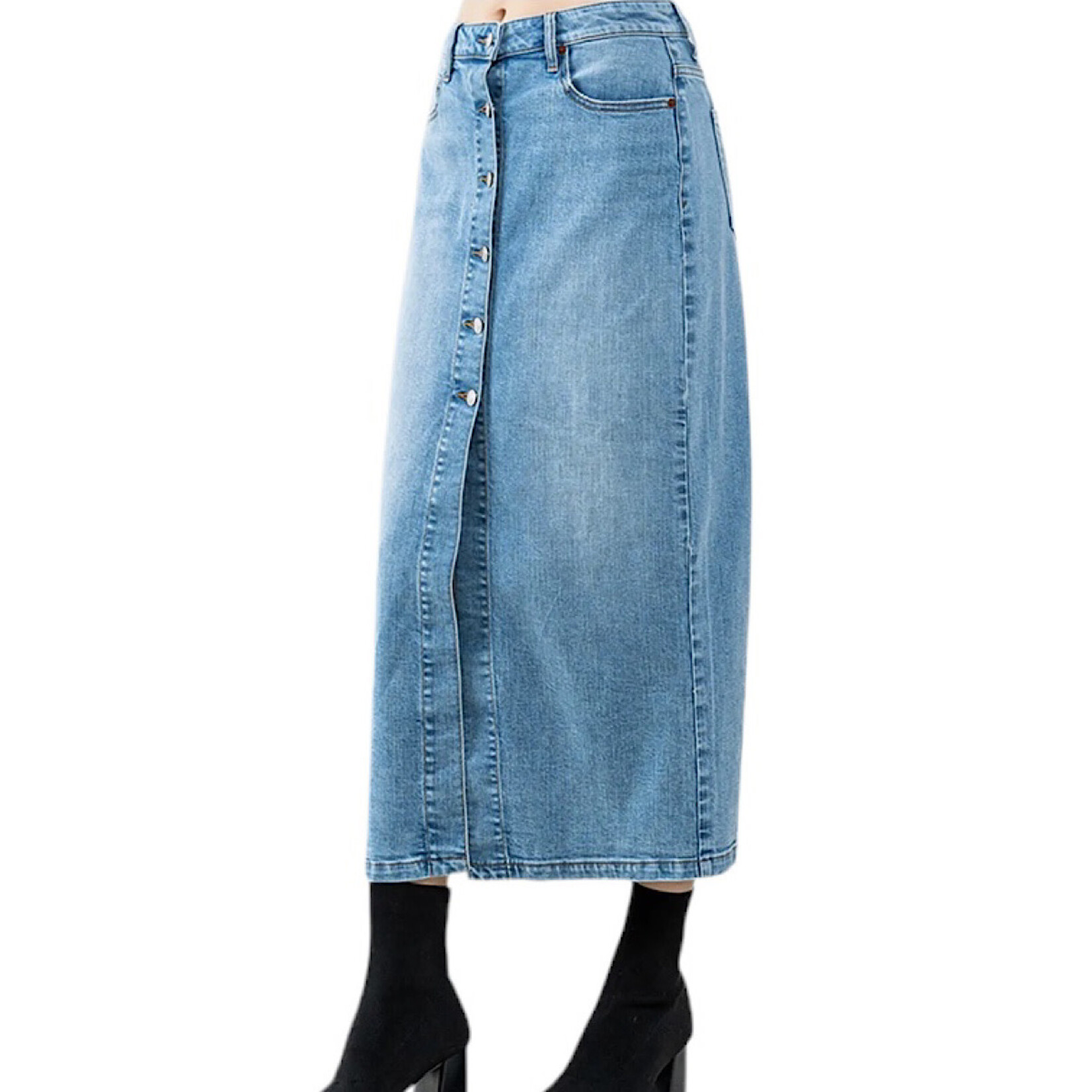 SP-S7531 Denim Comfort Stretch Button Down Maxi Skirt