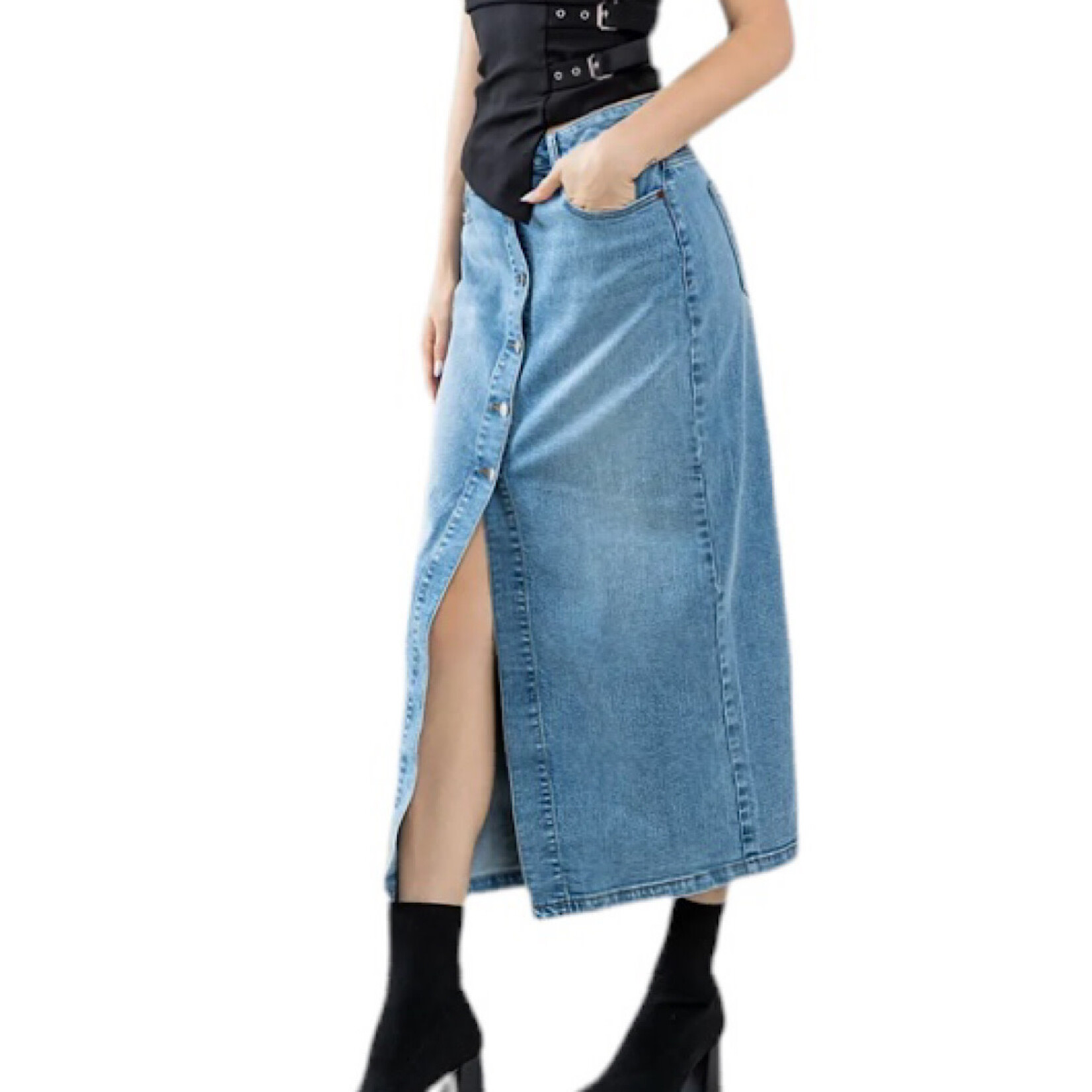 SP-S7531 Denim Comfort Stretch Button Down Maxi Skirt