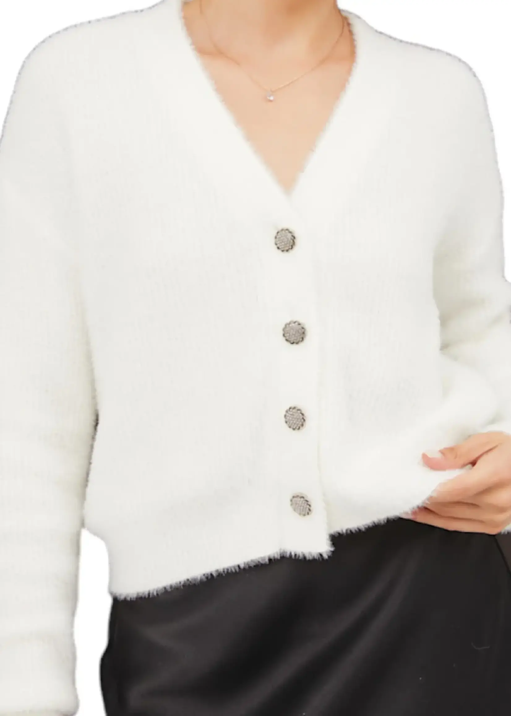 White Fuzzy Ribbed Button Up Cardigan