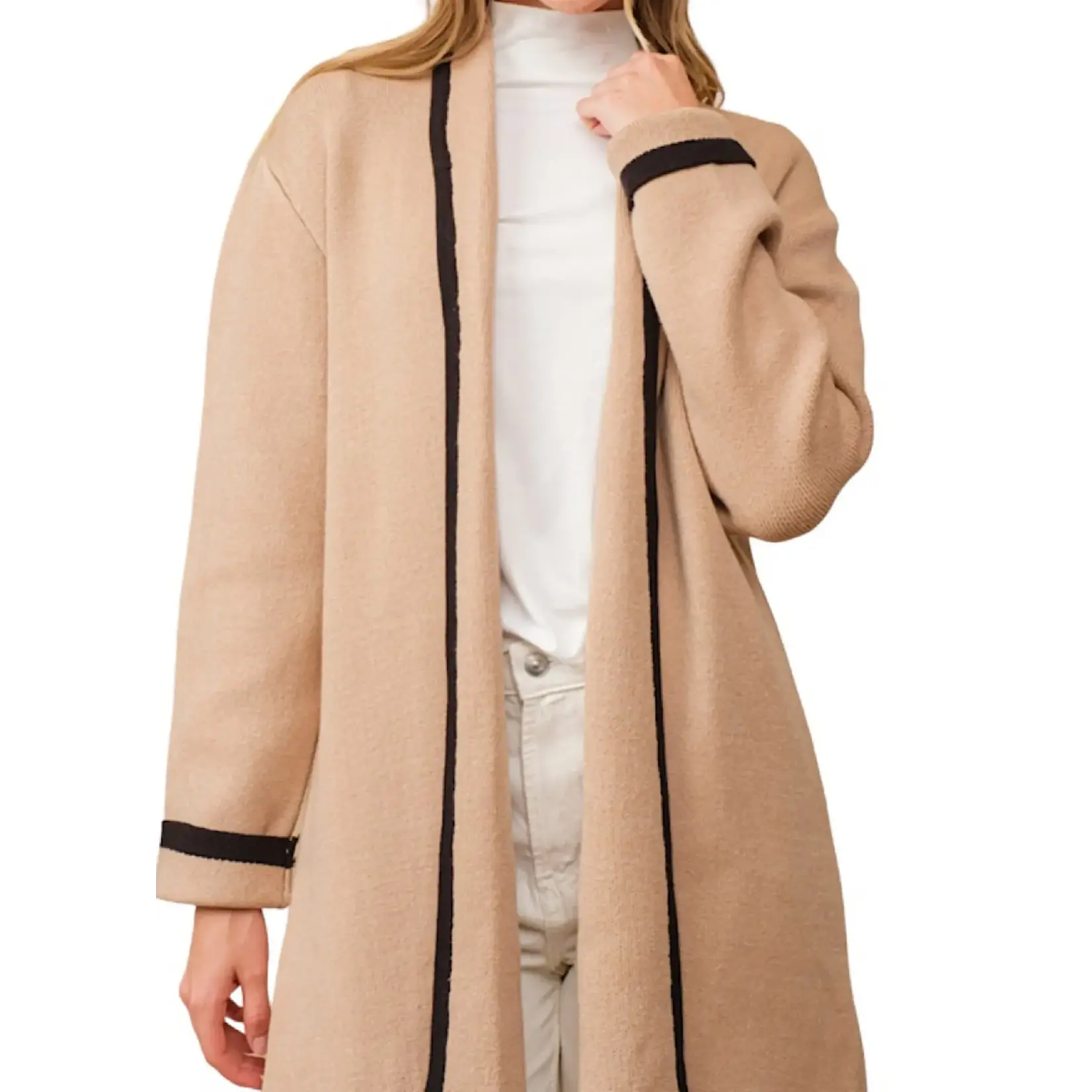 Taupe Soft Heavy Knit Cardigan with Black Hem Stripe