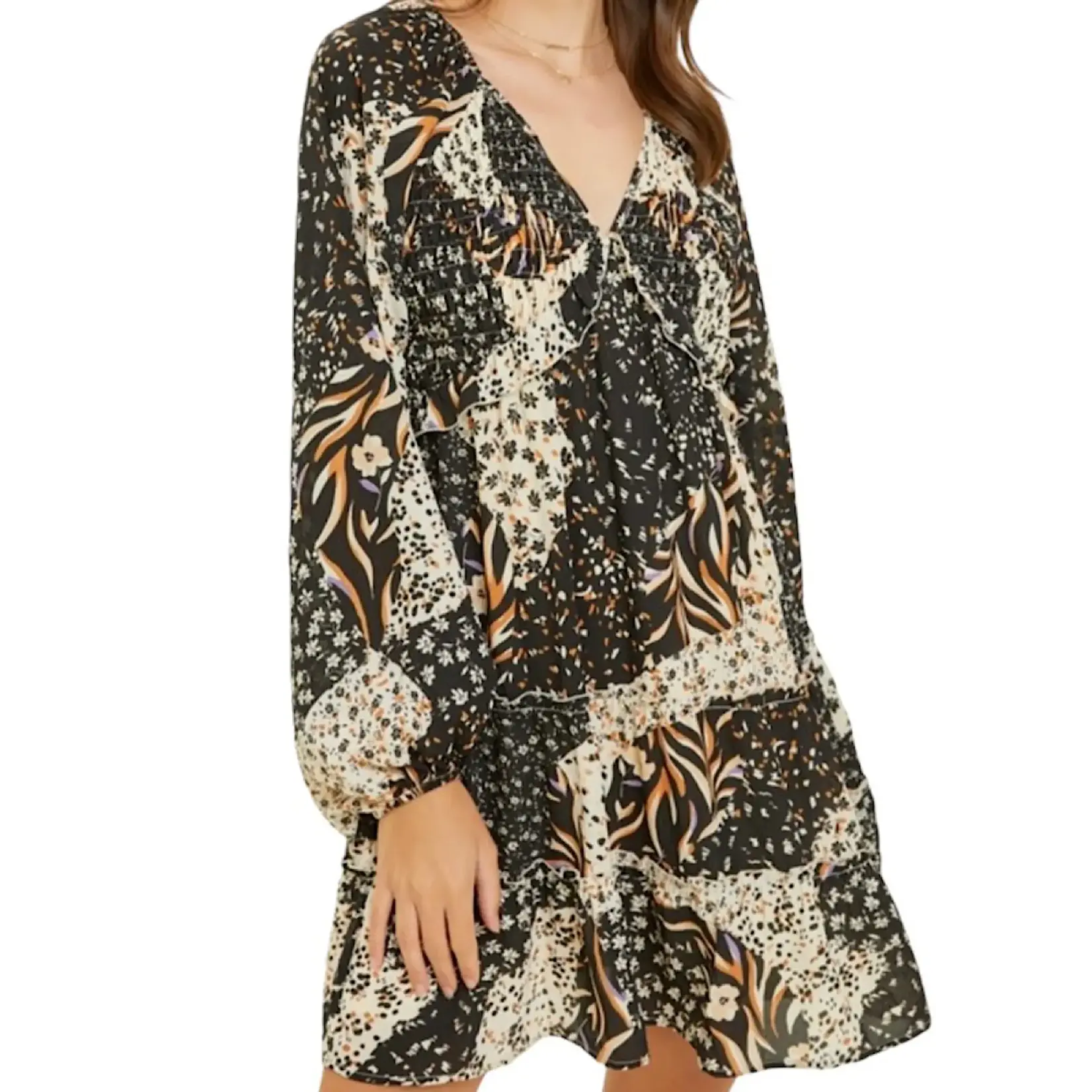 Black Multi Mixed Print V Neck Smocked Mini Dress