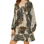 Black Multi Mixed Print V Neck Smocked Mini Dress