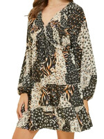 Black Multi Mixed Print V Neck Smocked Mini Dress