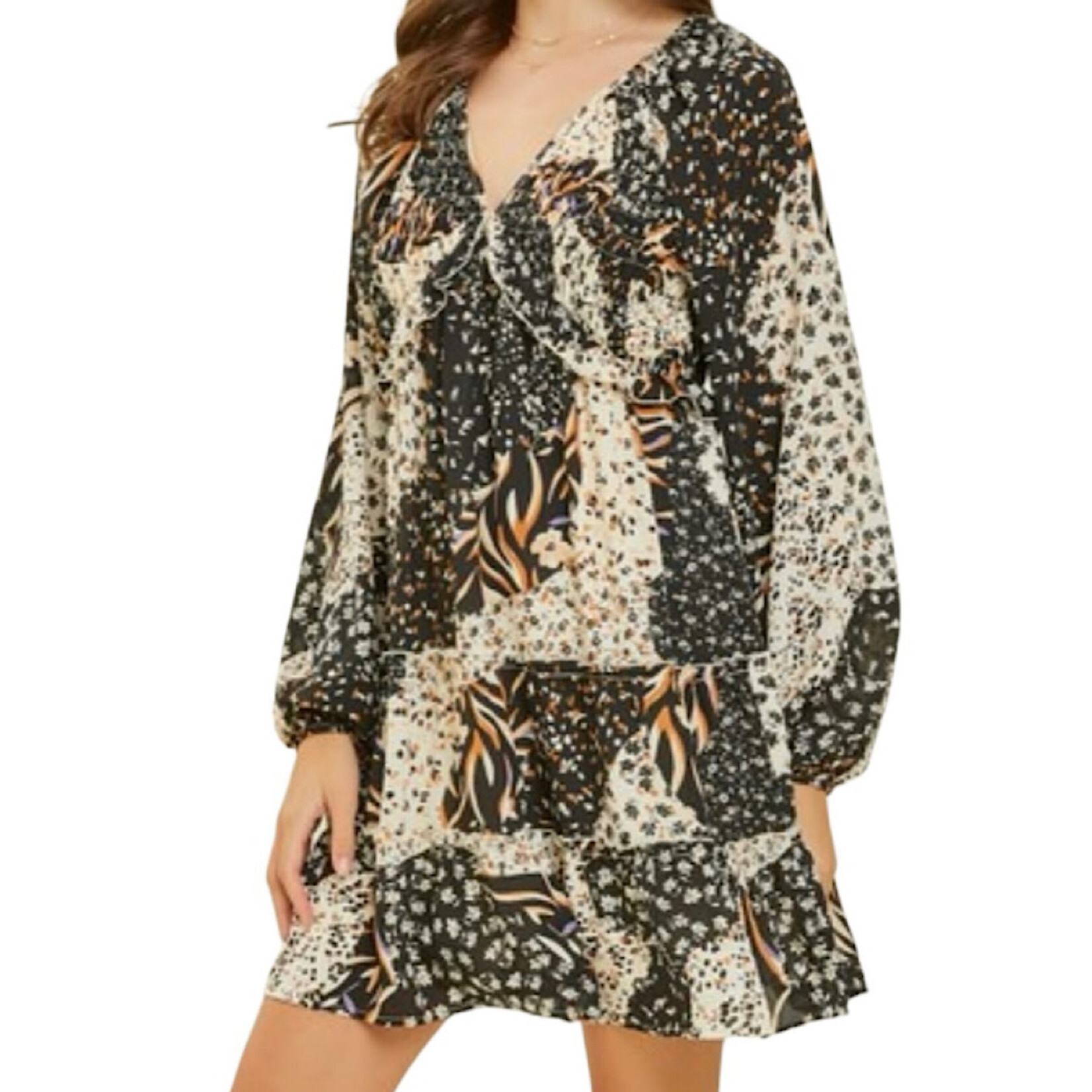 Black Multi Mixed Print V Neck Smocked Mini Dress