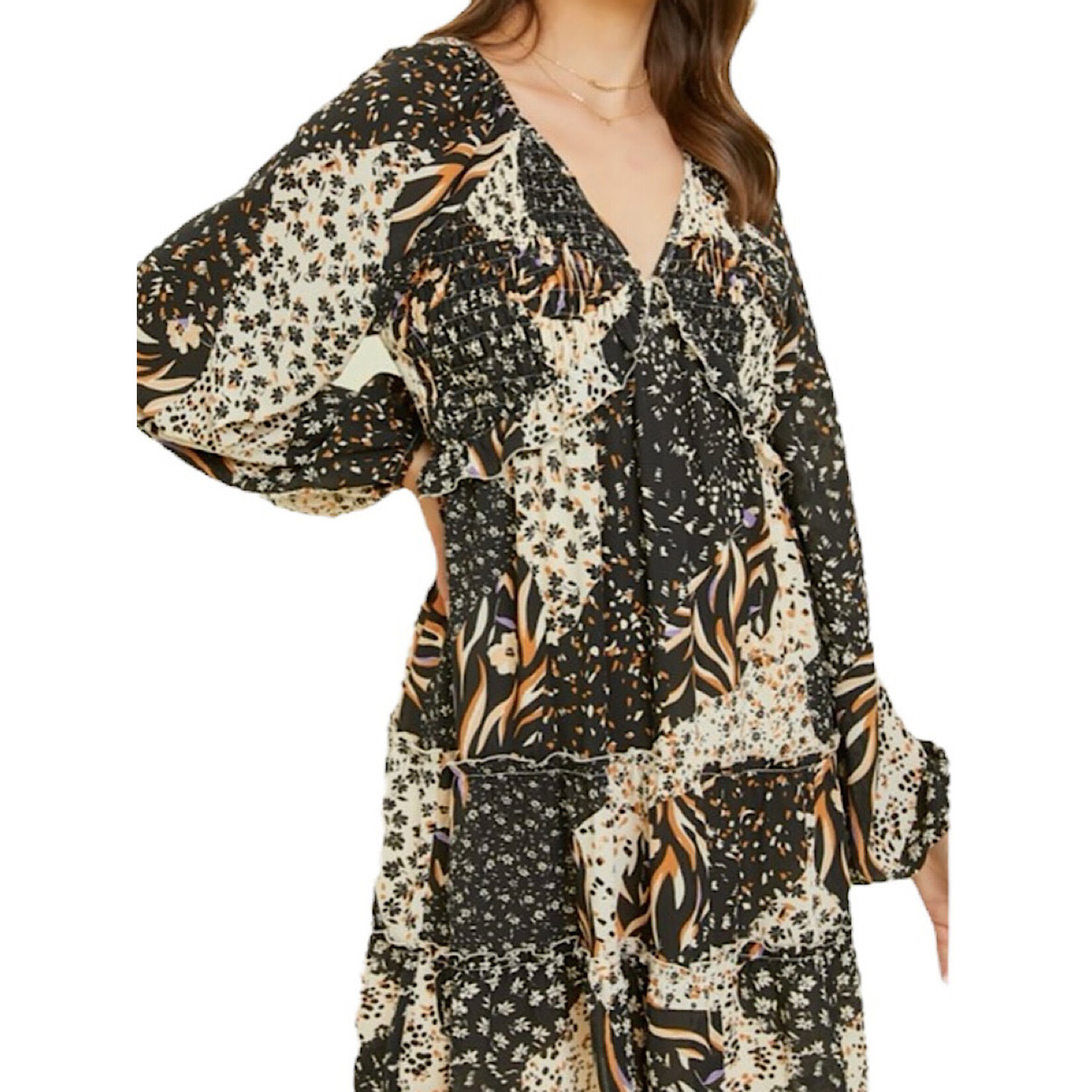 Black Multi Mixed Print V Neck Smocked Mini Dress