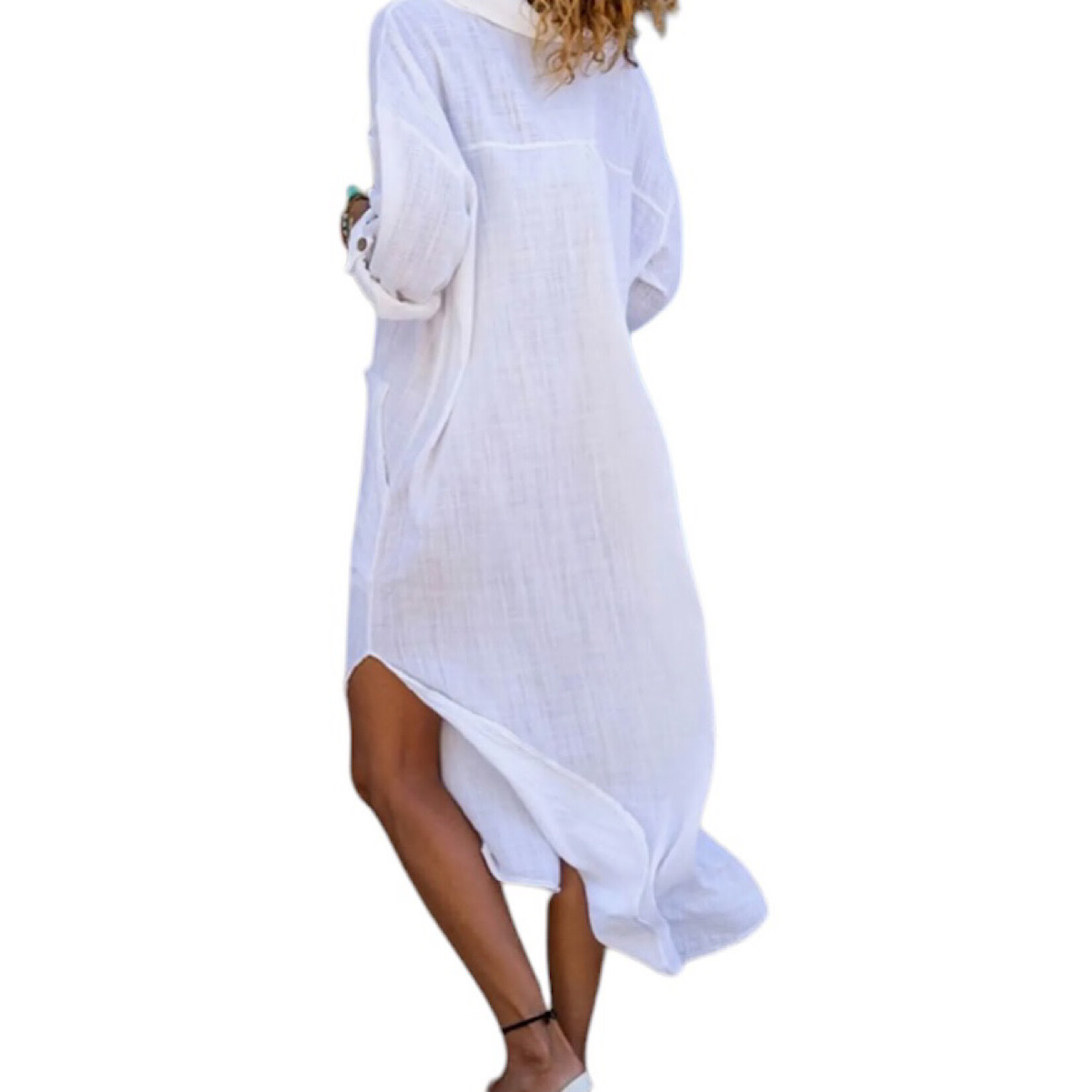 White Cotton Beachy Button-Down Slit Shirt Dress