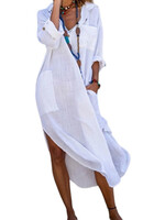 White Cotton Beachy Button-Down Slit Shirt Dress