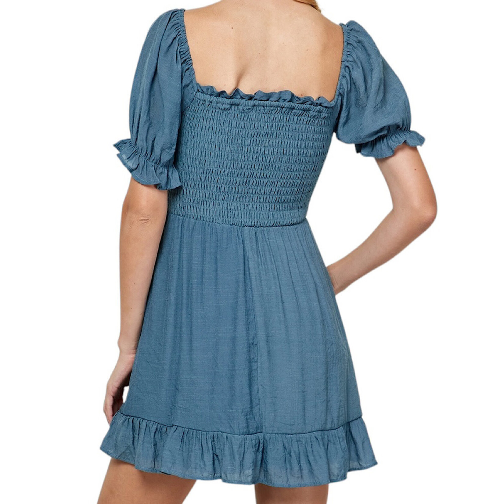 Puff SLV Smocked Top Bottom Ruffle Dress Slate