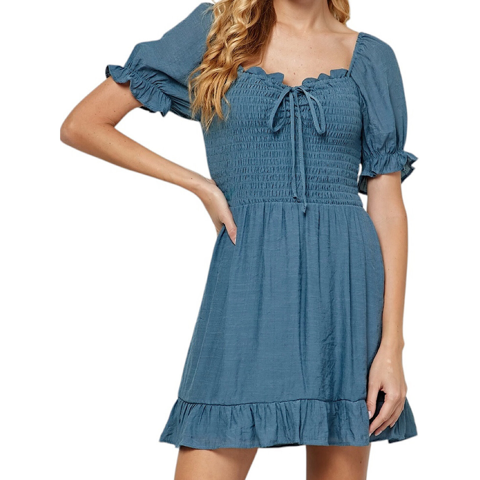 Puff SLV Smocked Top Bottom Ruffle Dress Slate