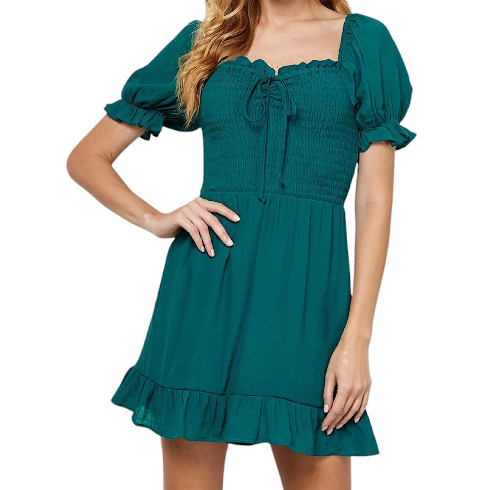 Puff SLV Smocked Top Bottom Ruffle Dress Emerald