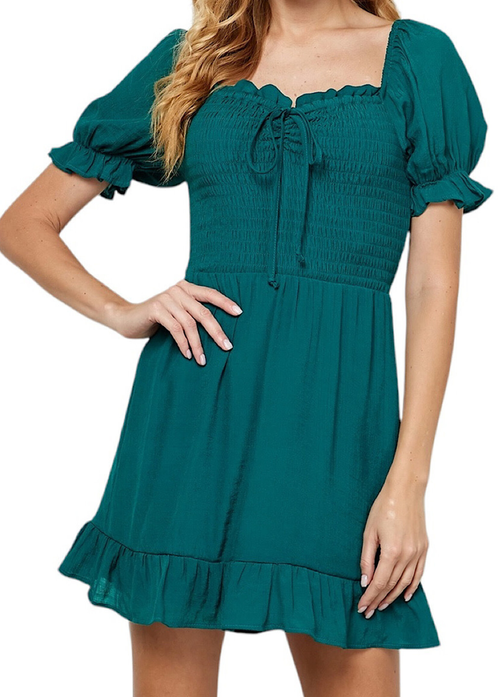 Puff SLV Smocked Top Bottom Ruffle Dress Emerald