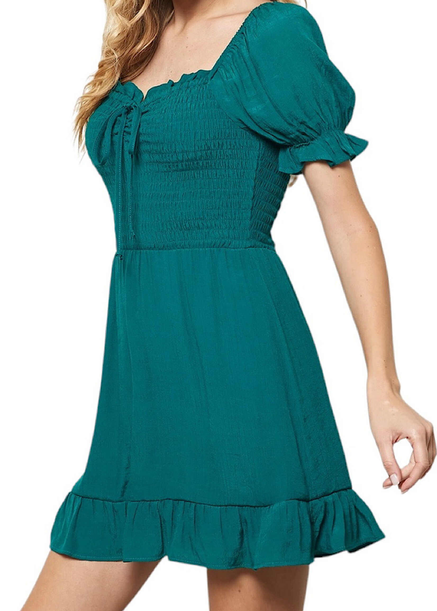 Puff SLV Smocked Top Bottom Ruffle Dress Emerald