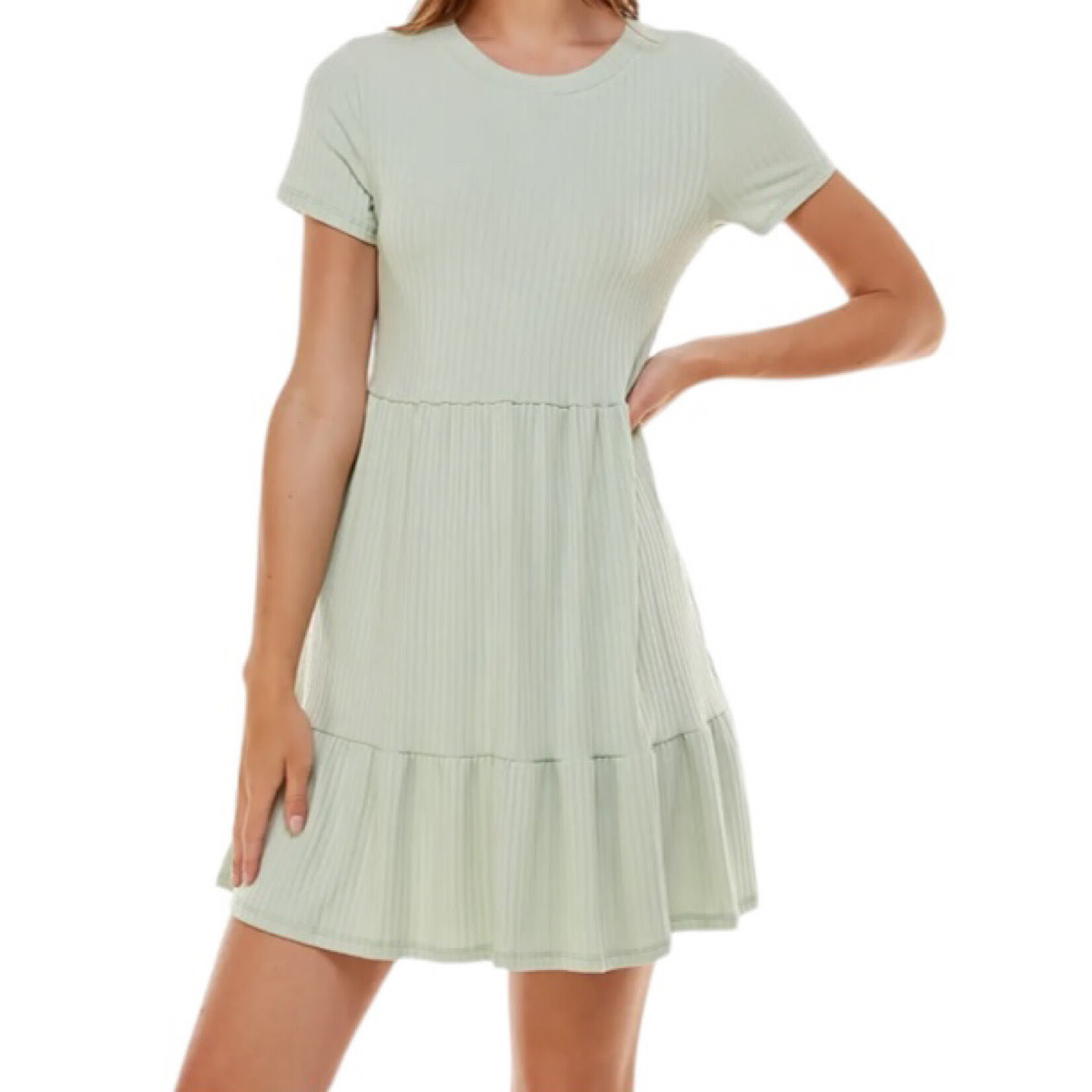 Short Sleeve Baby Doll Tiered Dress Sage