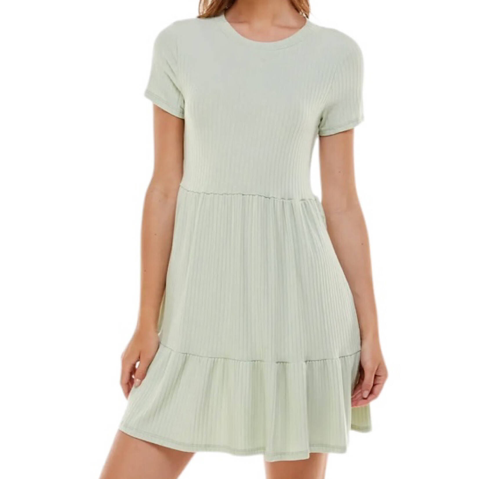 Short Sleeve Baby Doll Tiered Dress Sage