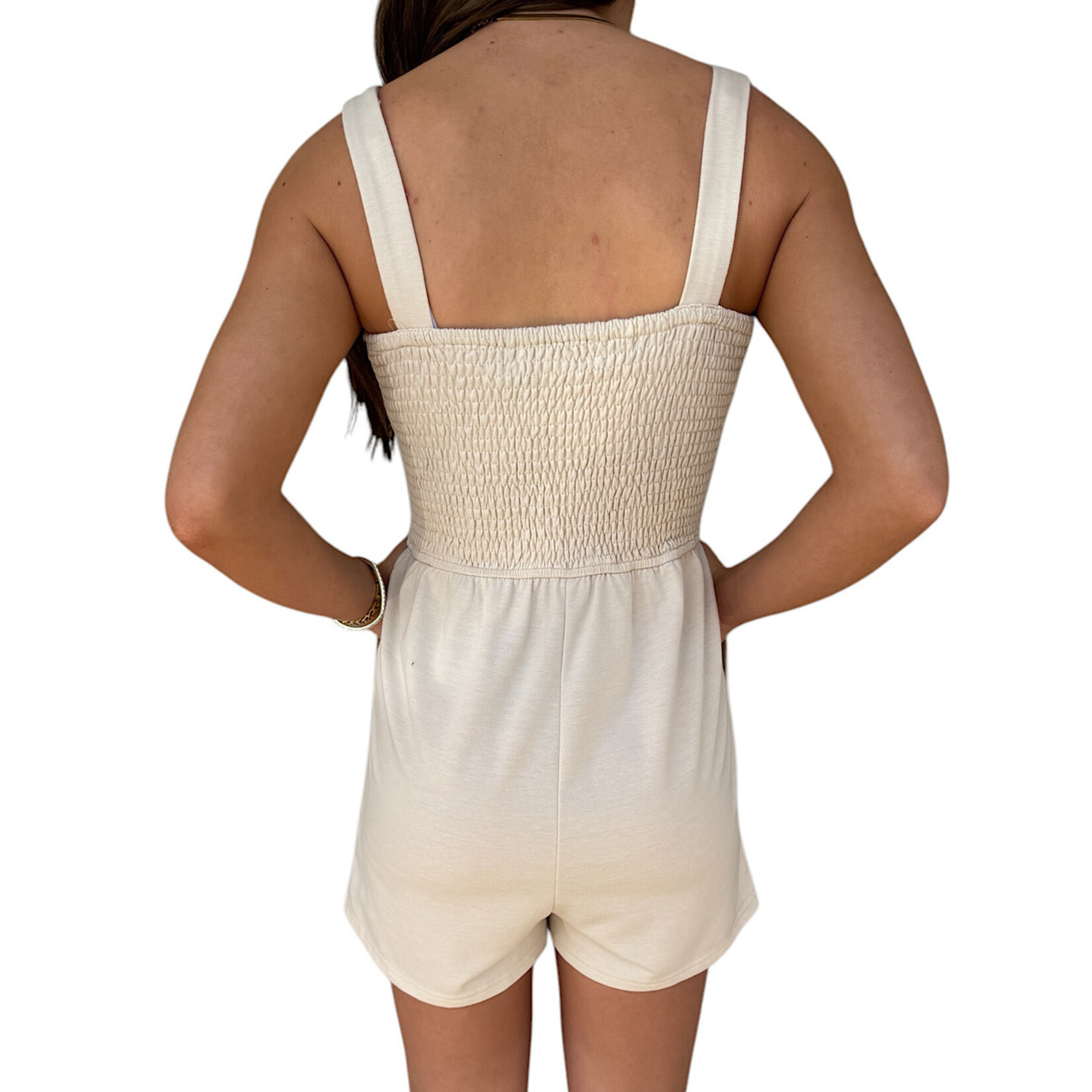 Beige Smocked Sleeveless Romper