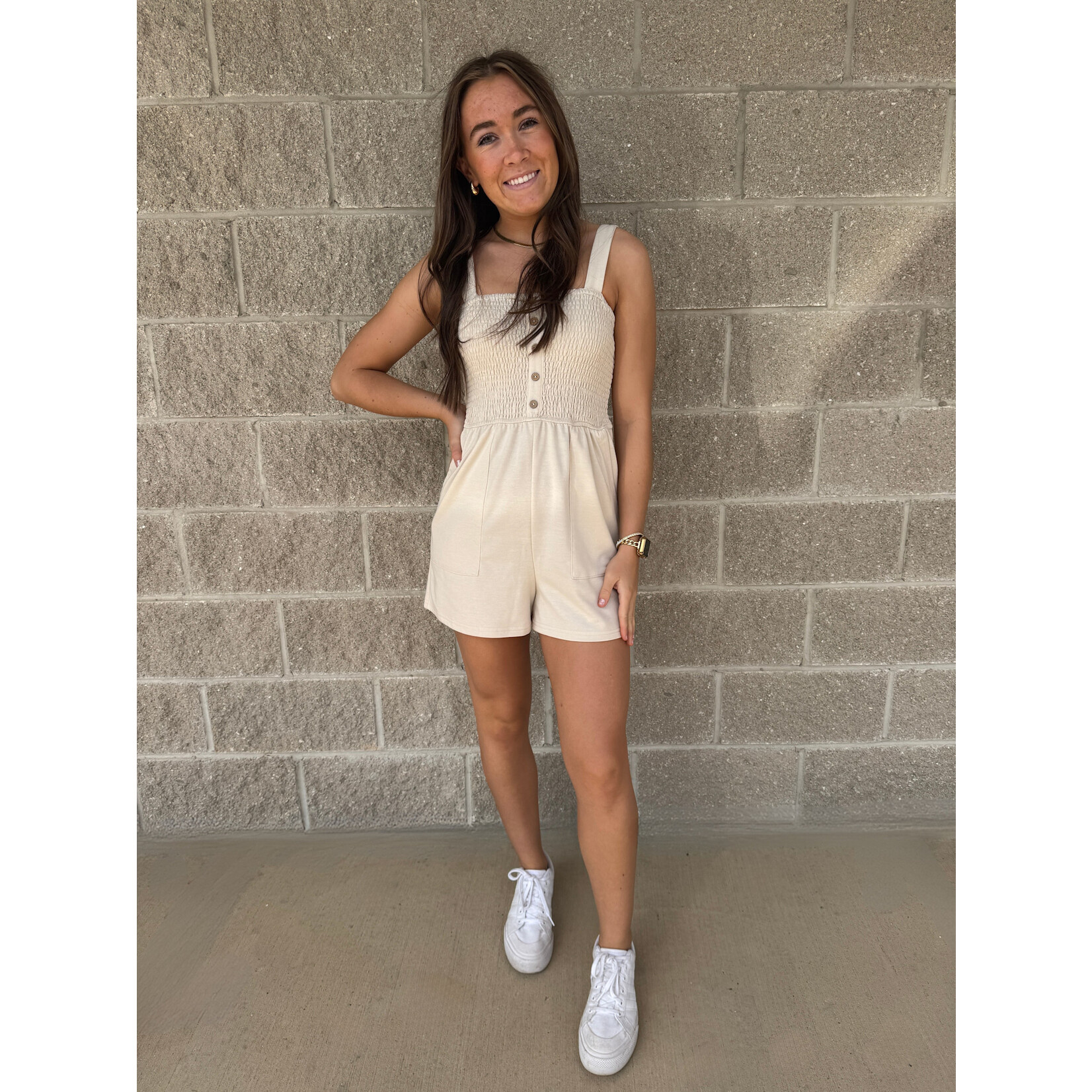 Beige Smocked Sleeveless Romper