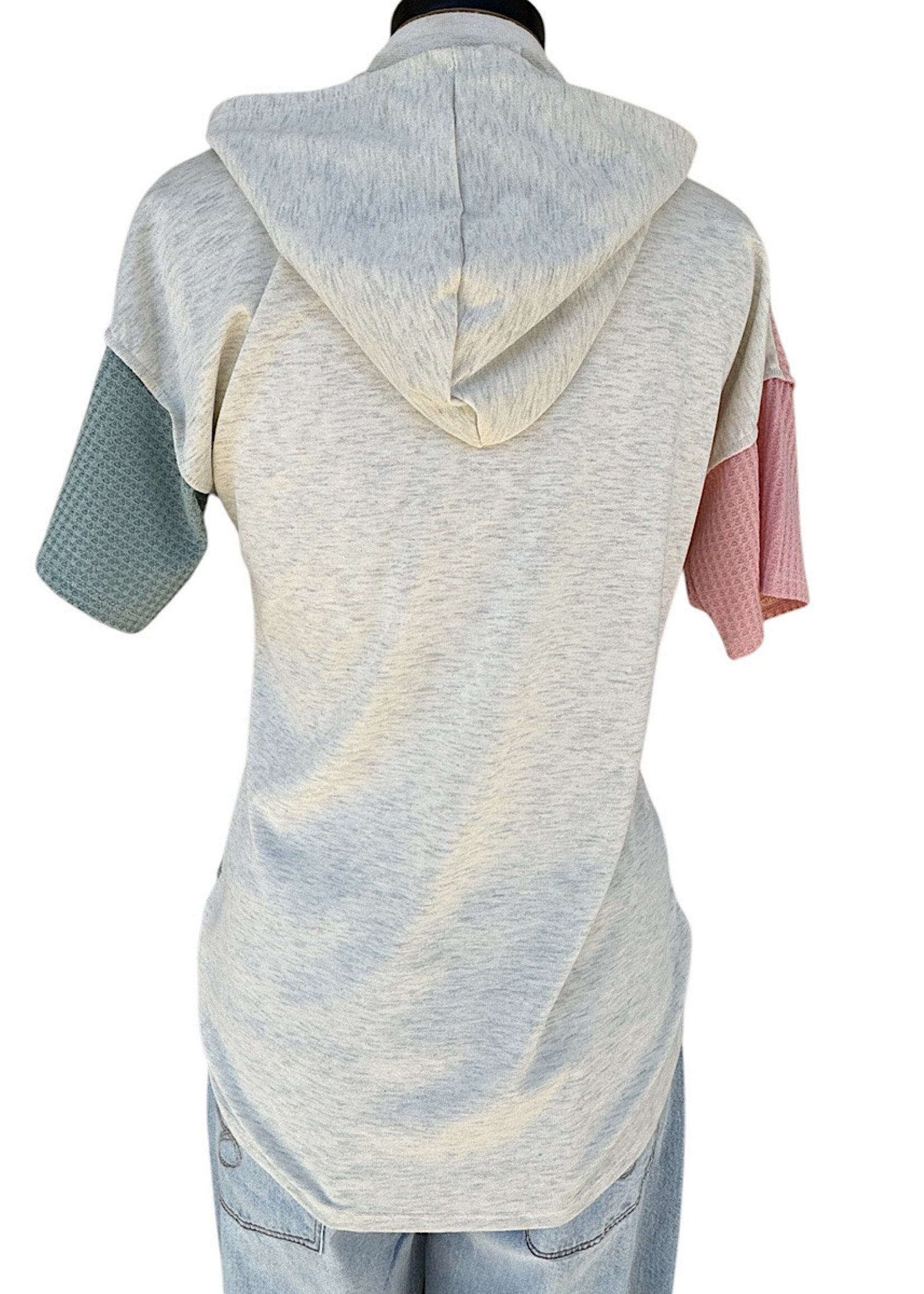 Color Block Waffle Short Sleeve Hoodie Grey/Pink