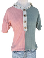 Color Block Waffle Short Sleeve Hoodie Grey/Pink
