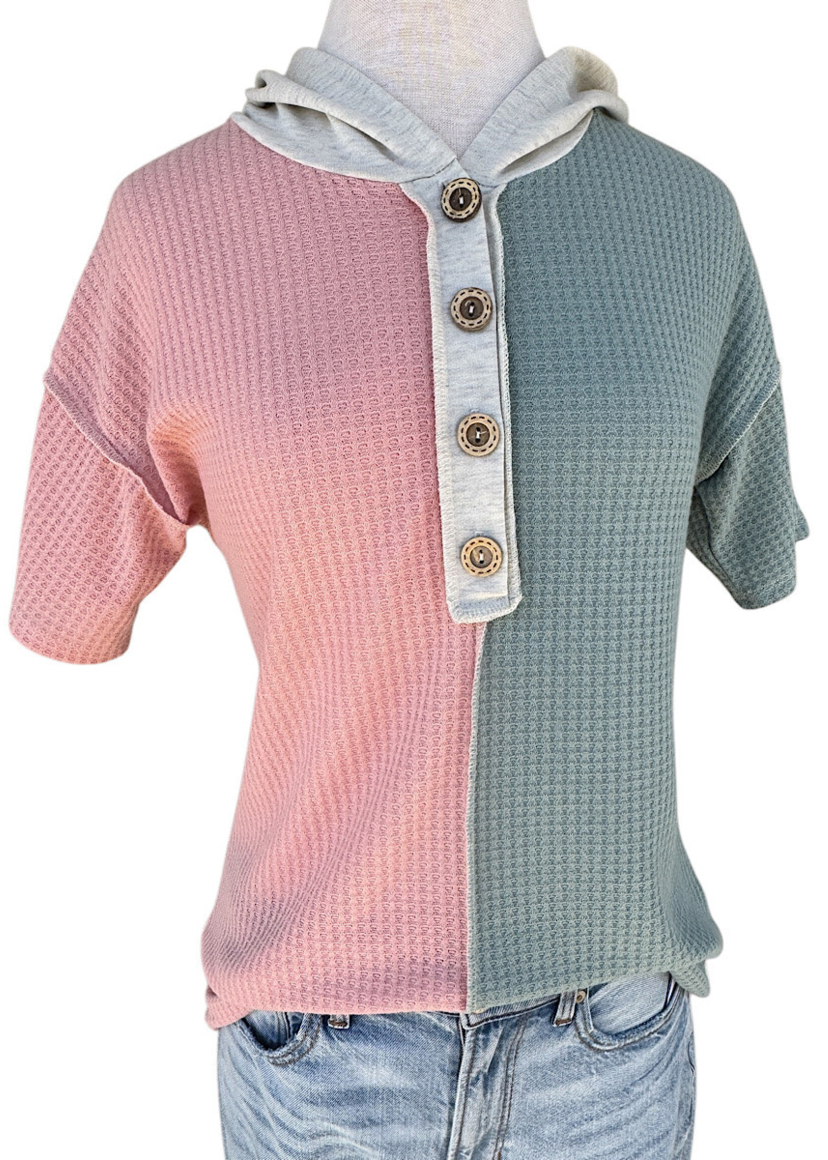 Color Block Waffle Short Sleeve Hoodie Grey/Pink
