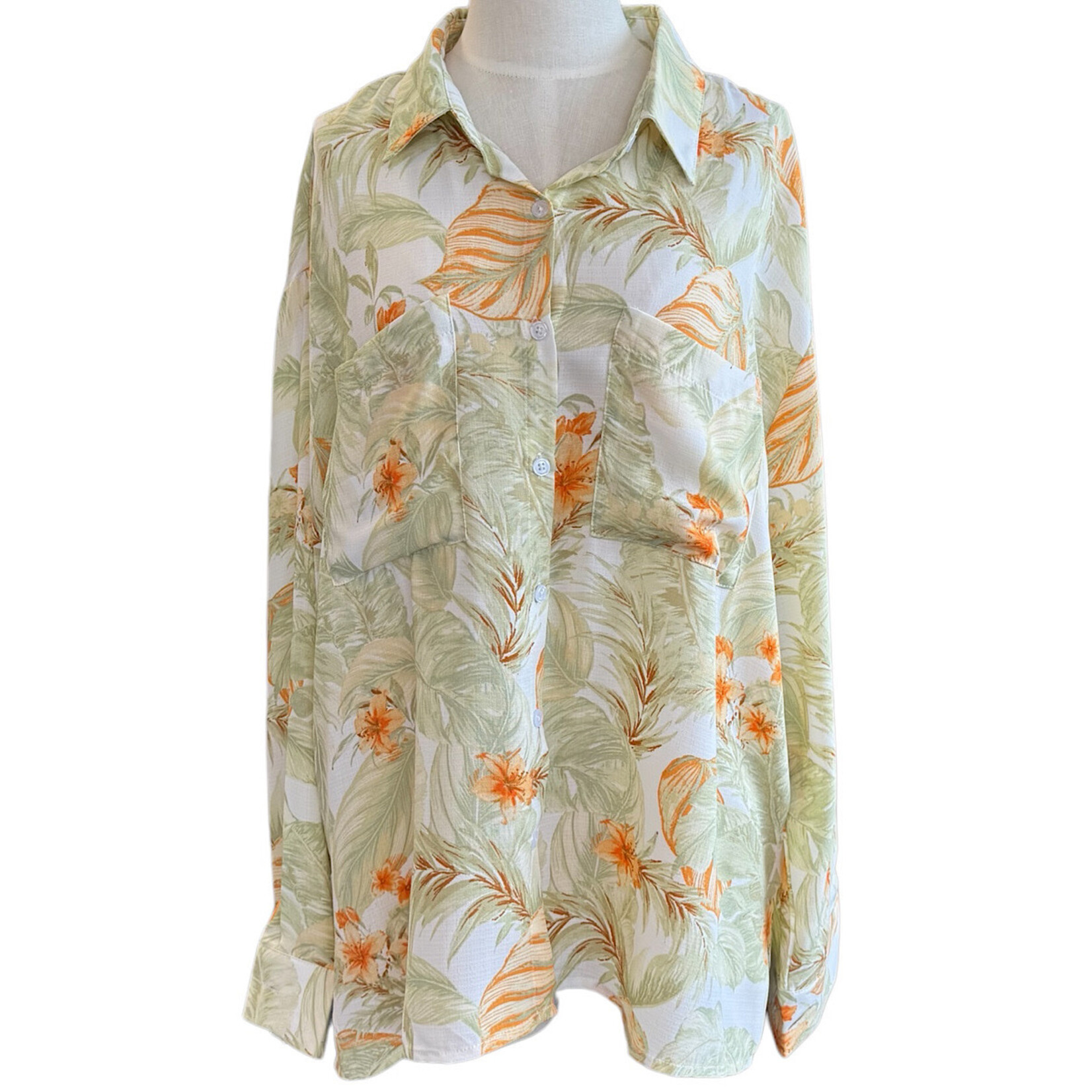 Ivory Leaf Print Button Up