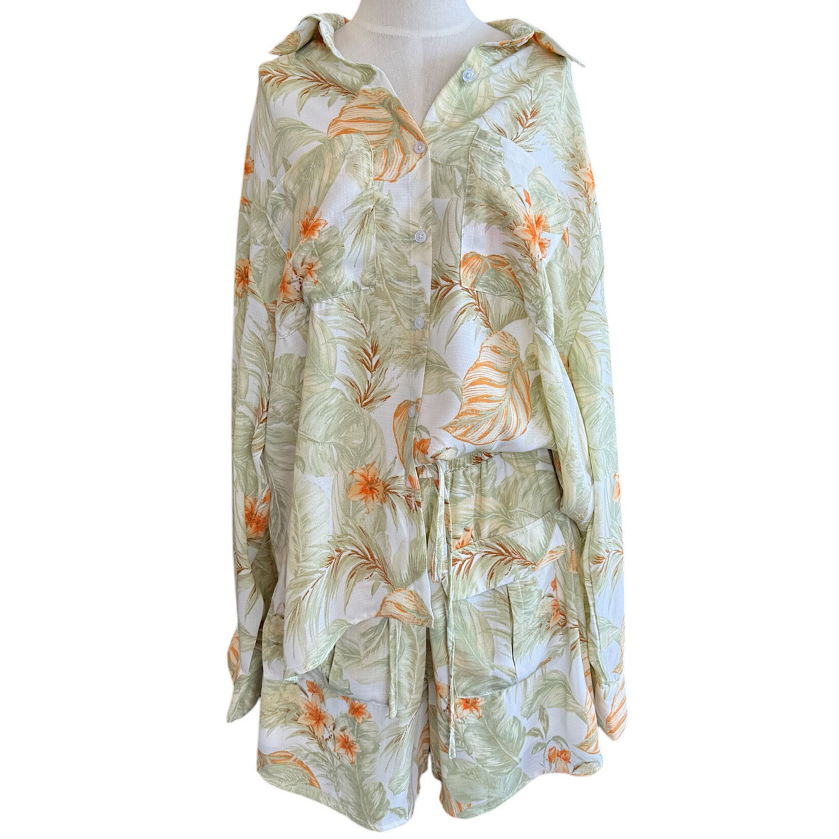 Ivory Leaf Print Button Up