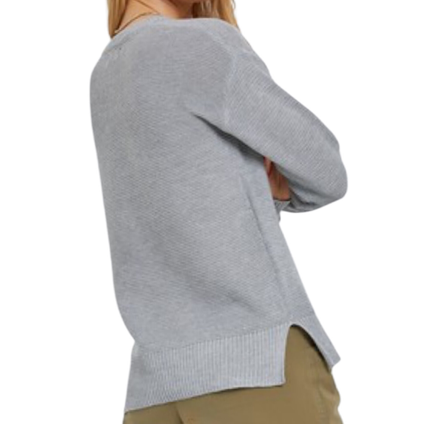Heather Grey Sweater with Drop Shoulder and Ribbed Cuffs
