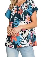 Teal Tropical Printed Off Shoulder Top