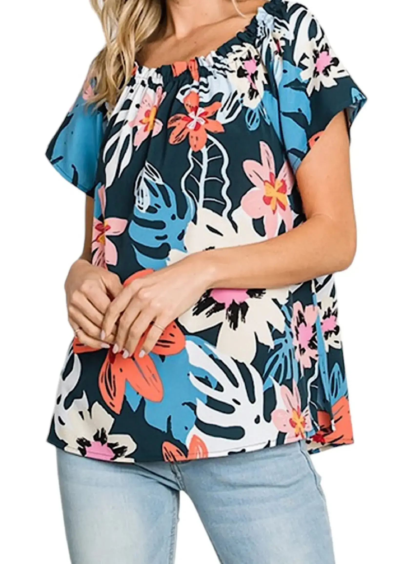 Teal Tropical Printed Off Shoulder Top