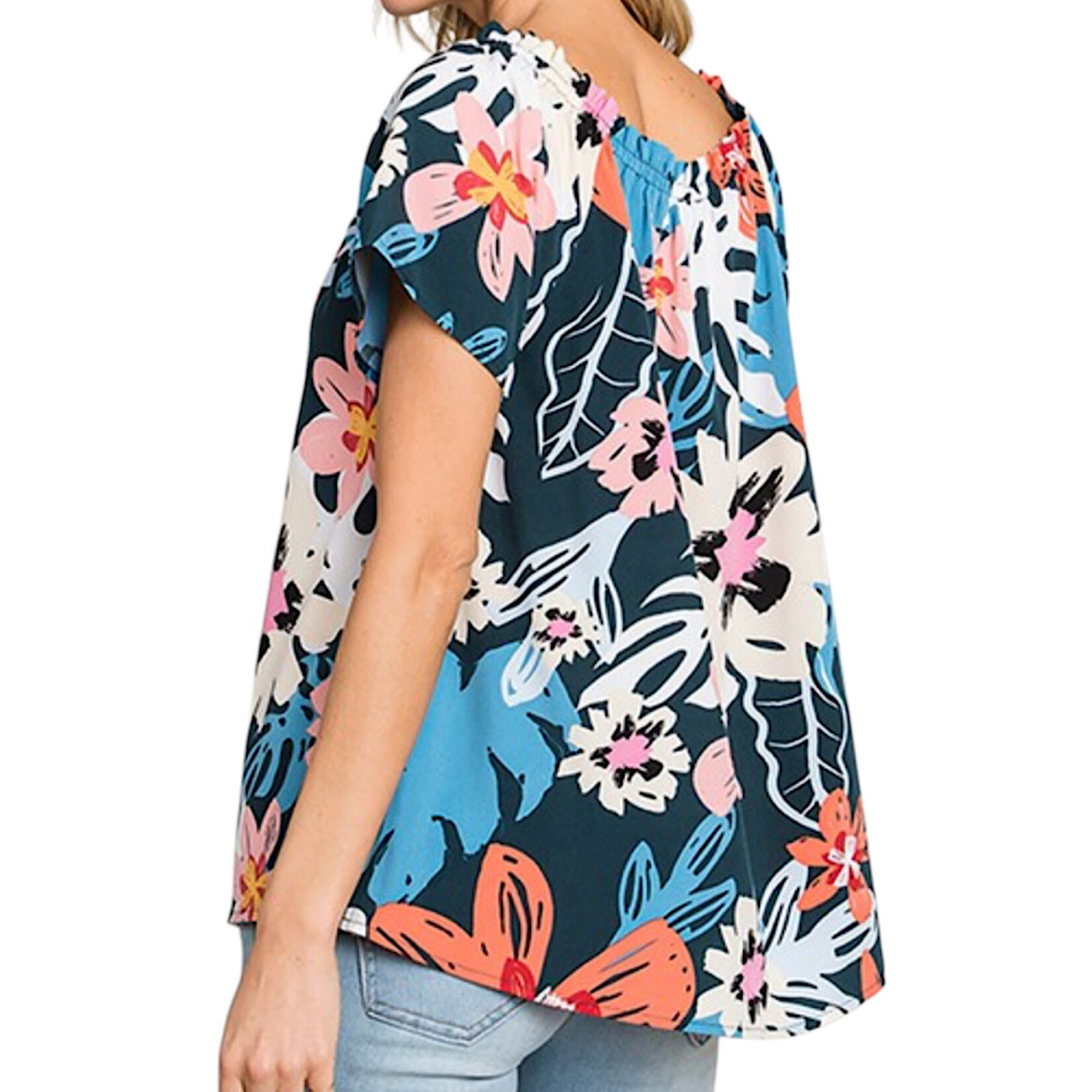 Teal Tropical Printed Off Shoulder Top