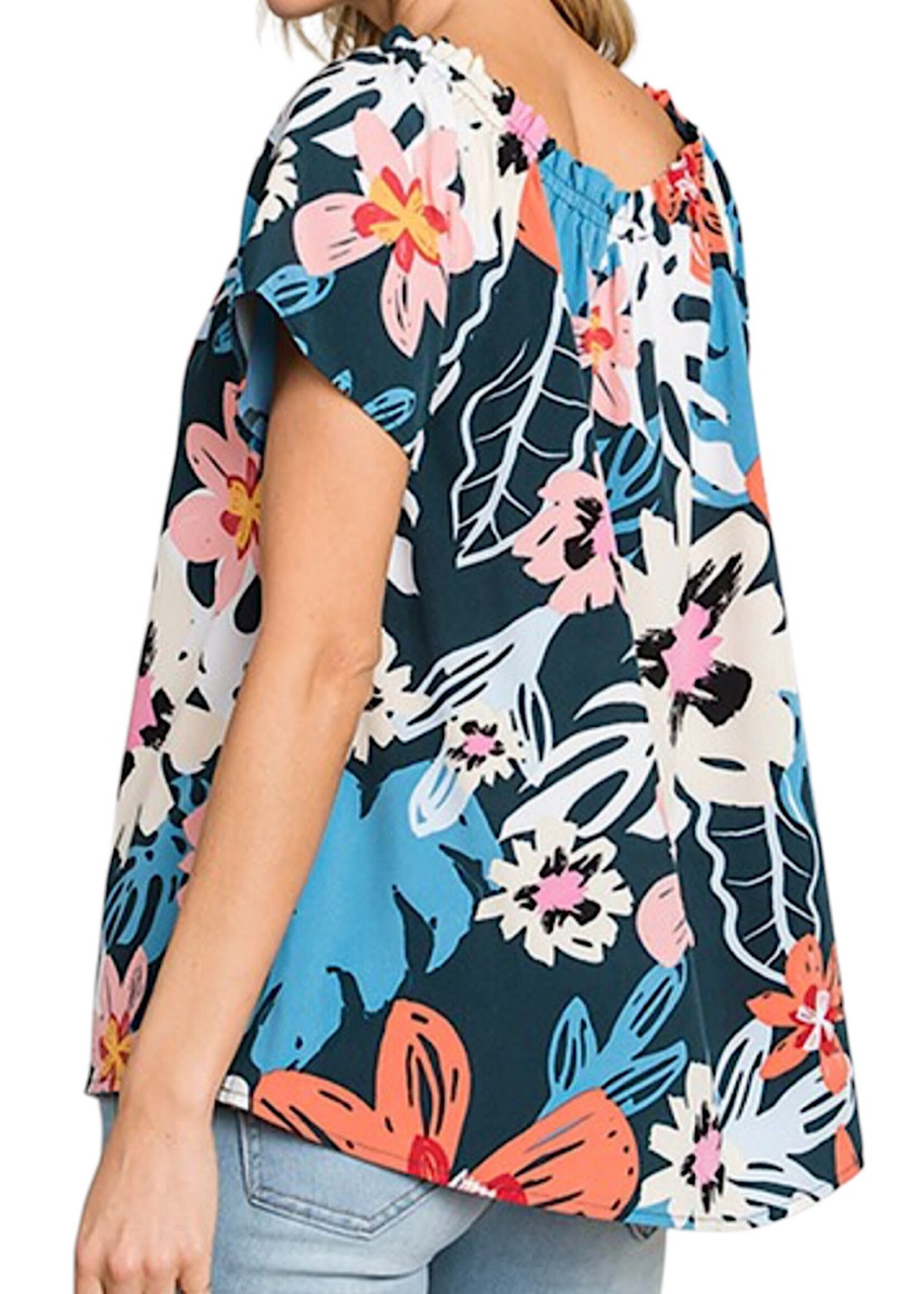 Teal Tropical Printed Off Shoulder Top