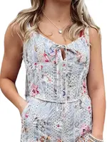 Blue Multi Sleeveless Floral Tie Front Crop Top