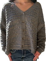 Grey Oversize Striped V-Neck Button Down Cardigan