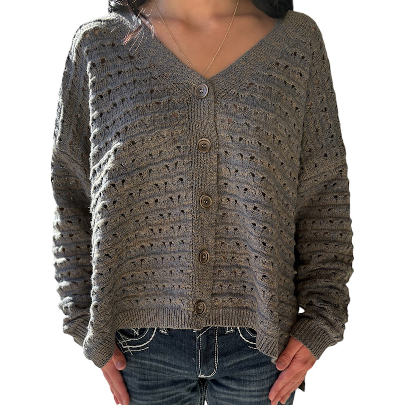 Grey Oversize Striped V-Neck Button Down Cardigan