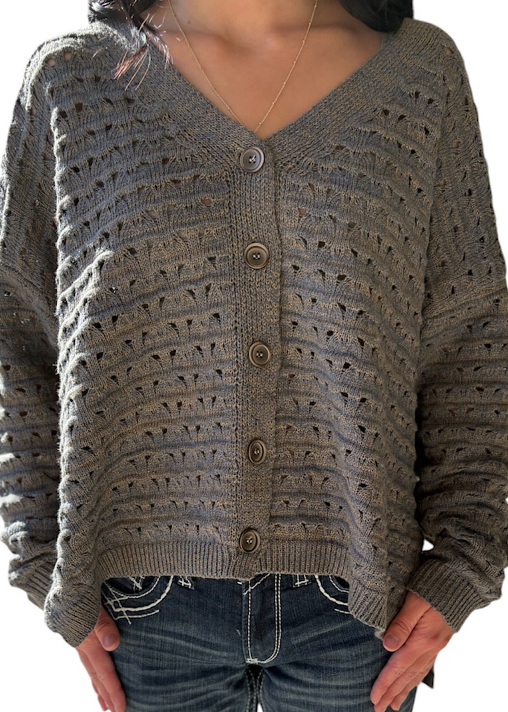 Grey Oversize Striped V-Neck Button Down Cardigan